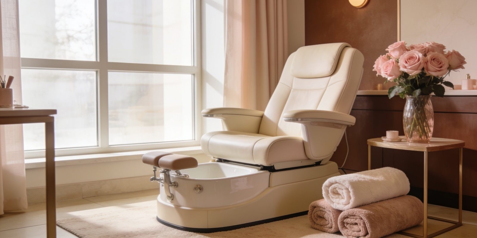 Heller, warmer Behandlungsraum mit Pediküre-Sessel und Rosen im Beautyloft Bremen