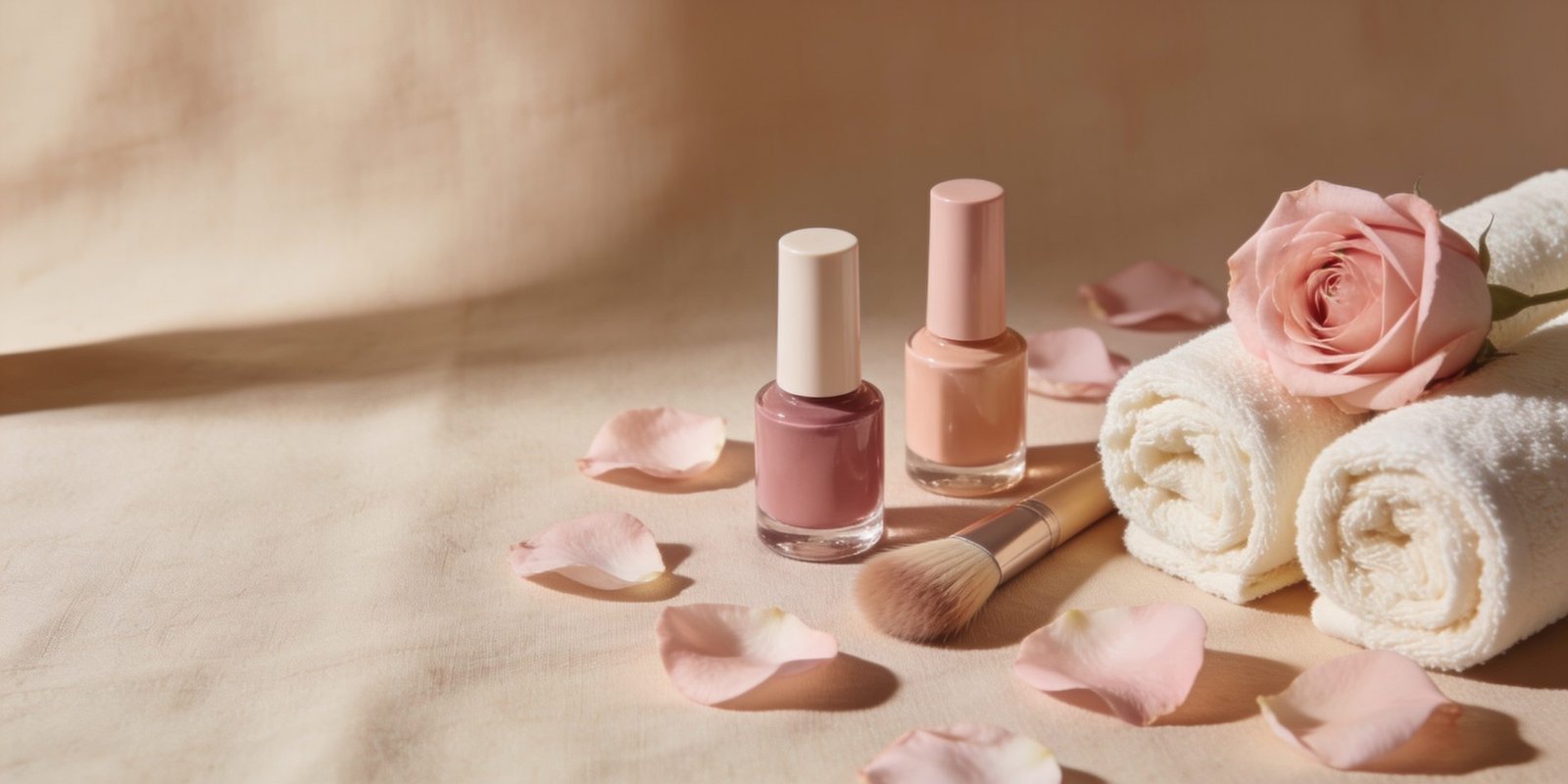 Nude-Nagellacke, Pinsel und Handtücher auf warmem Leinen, Beautyloft Bremen